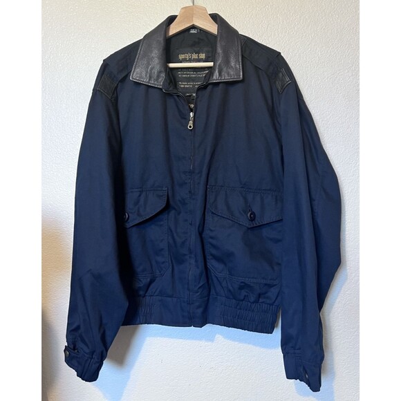 Vtg Sporty's Pilot Shop Navy Blue Flight Bomber Leather Collar  Type A5 Jacket L - Picture 1 of 13